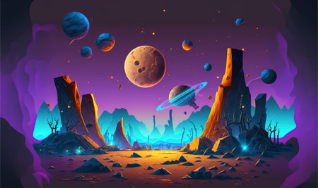 Fantasy landscape with planet, moon and asteroid. cartoon illustration