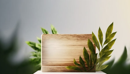 Wooden signboard with green leaves on table. 3d renderingの写真素材