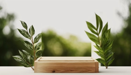 Wooden product display stand with green leaves. 3d rendering.の写真素材