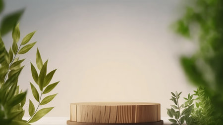 Wooden product display podium with green plant. 3d rendering.の写真素材