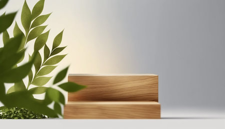 Wooden podium with green leaves, 3d rendering. Computer digital drawing.の写真素材