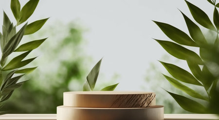 3d render of podium for product display with green leaves background.の写真素材