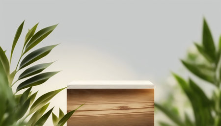 Wooden podium on the background of green leaves. 3d renderingの写真素材