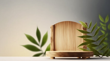 Wooden podium and bamboo leaves on gray background. 3d renderingの写真素材