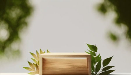 Wooden box and green leaves on white background. 3d rendering