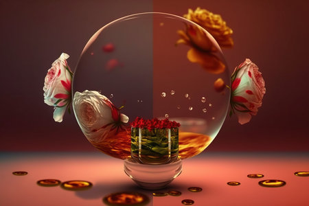 3d illustration of a flower in a glass vase on a red backgroundの写真素材