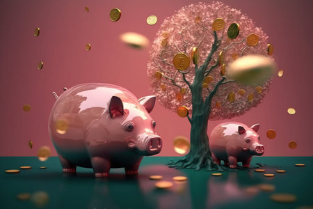 Piggy bank and tree with gold coins in 3d illustrationの写真素材