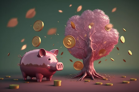Piggy bank with falling coins and tree. 3D renderingの写真素材
