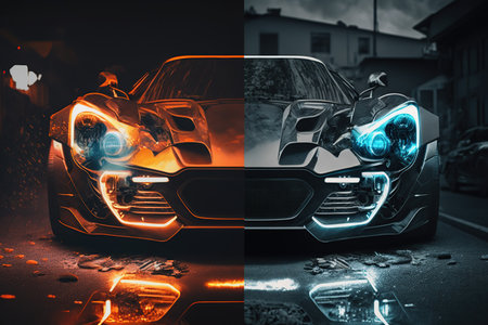 Car headlights on a dark background. Collage. 3d renderingの素材