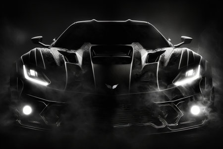 Black sport car with headlights on a black background with smoke and fireの素材