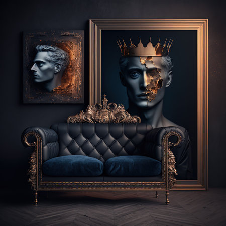 Luxury interior with antique armchair and king statue. 3d renderの素材