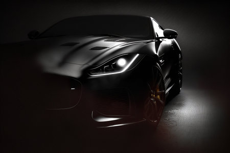 Black sport car on a black background. 3d render image.の素材