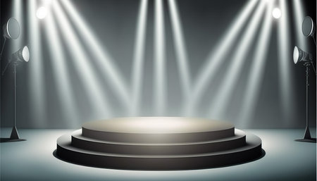 Stage podium illuminated with spotlight. Award ceremony concept. Stage backdrop. Vector illustrationの写真素材