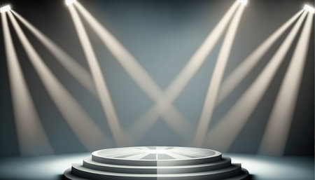 Stage podium with lighting, Stage Podium Scene with for Award Ceremony on blue Background.の写真素材