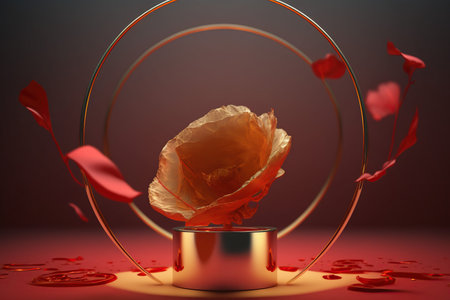 3d render of golden podium with rose petals and round frameの写真素材