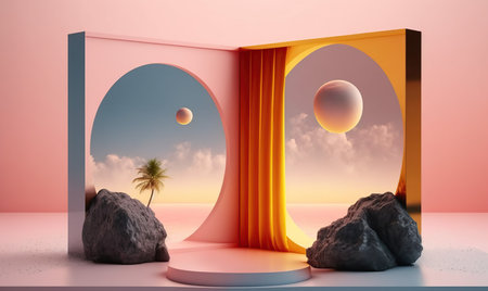 3d render, abstract minimal geometric background, primitive shapes, podium for product presentationの写真素材