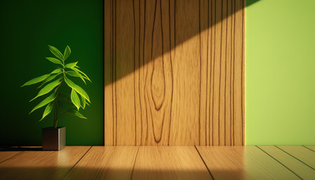 Green wall and wooden floor with plant in pot. 3D renderingの写真素材
