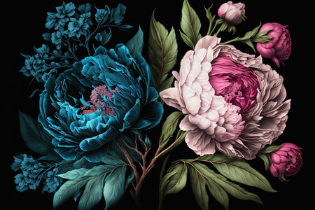 Bouquet of peony flowers and leaves. Illustration in vector formatの写真素材