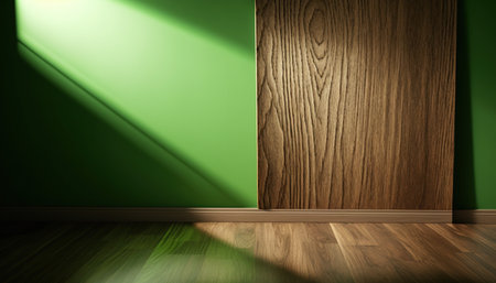 Green wall and wooden floor in empty room. 3D rendering.の写真素材