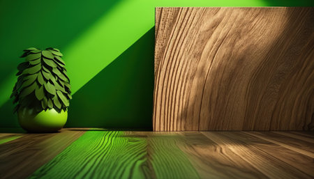 3d render of a green plant in a vase on a wooden floorの写真素材