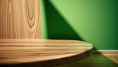 Wooden table and green wall background. 3D Rendering.の写真素材
