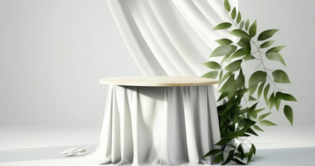 3d rendering of minimal product display podium with white curtain background.