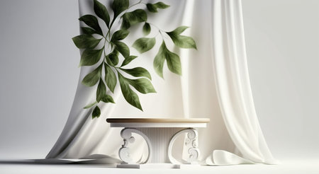Minimal scene with podium, pedestal and curtain. 3D renderingの写真素材