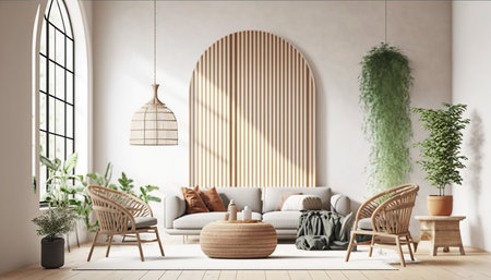 Interior of modern living room with sofa, armchairs and plants. 3D rendering