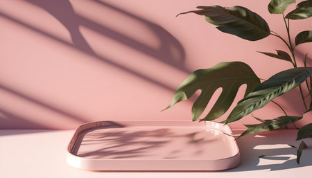 3d render of minimal product display podium with monstera leaf shadow.の写真素材