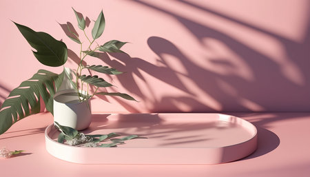 3d render of minimal product display podium with monstera leaf.の写真素材