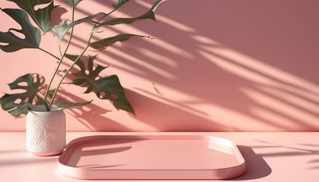 3d rendering of minimal geometric forms. Pink podium for product presentation with monstera leaves.の写真素材