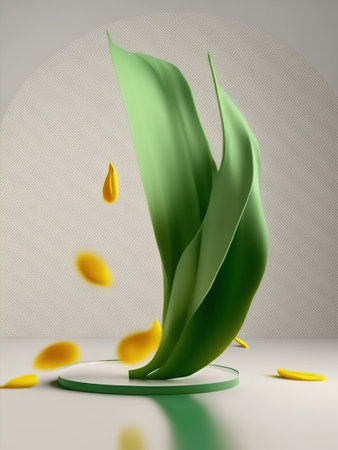 3d render of podium for product presentation with green leaves and petals.の写真素材