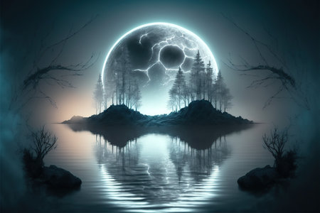 Fantasy landscape with a full moon over a lake and trees.の写真素材