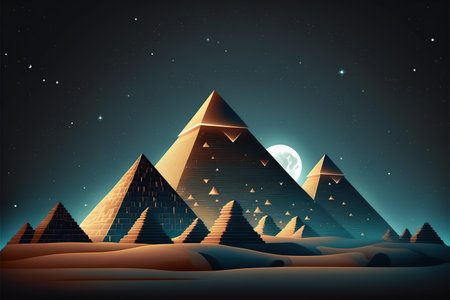 pyramid in the desert at night with full moon, illustrationの写真素材