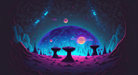 Night landscape with planet and trees. illustration.