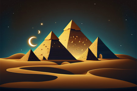 Egyptian pyramids at night, illustration,の写真素材