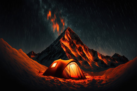Camping in the mountains at night. 3D rendering and illustration.の写真素材