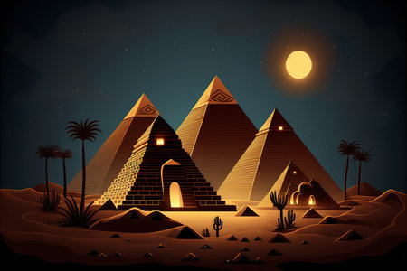 Night scene with pyramids and palms in the desert. illustrationの写真素材