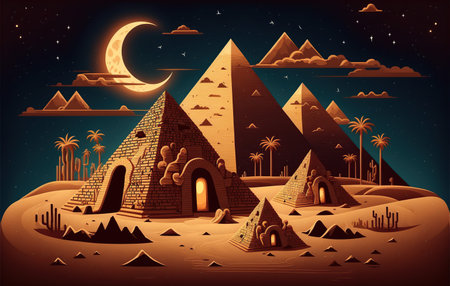 Ancient Egypt pyramids at night. illustration of egyptian pyramids.の写真素材