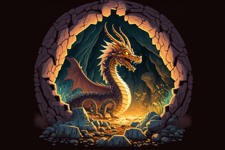 Dragon in the cave. illustration of fantasy dragon in the cave.の写真素材