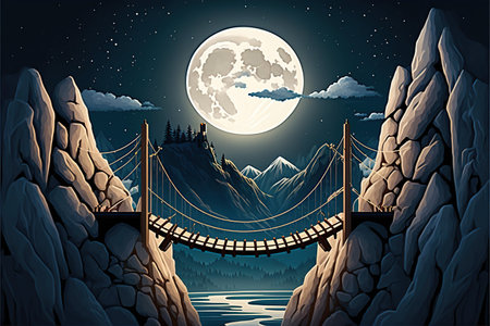 Hanging bridge in the mountains at night with full moon. illustrationの写真素材