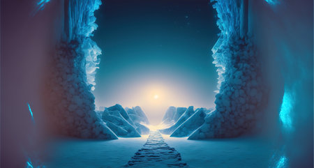 Futuristic tunnel with ice and snow. 3d rendering.の写真素材