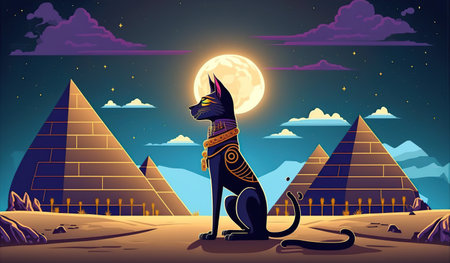 Egyptian hieroglyphic cat with Egyptian pyramids. illustrationの写真素材