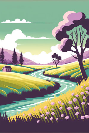 Beautiful landscape with a river and a farm. illustration.の写真素材