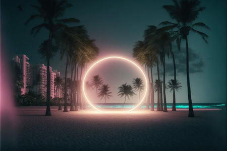 Abstract background with palm trees and neon circle. 3D Renderingの写真素材