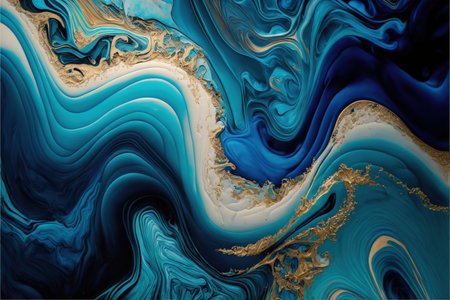 Abstract background of acrylic paint in blue and gold tones. Liquid marble pattern.