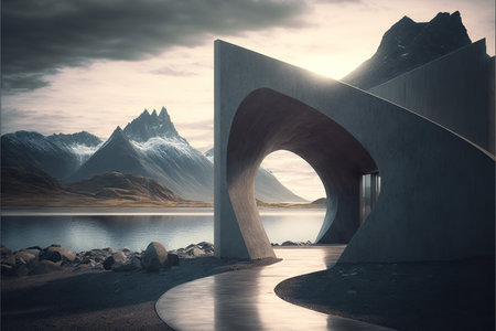 Fantasy landscape with mountains and a lake. 3d rendering.の写真素材