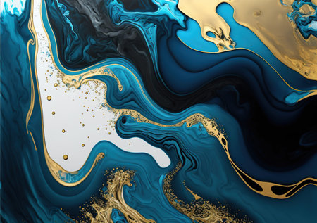Abstract blue and gold marble background. Liquid marble pattern. Fluid art.の写真素材