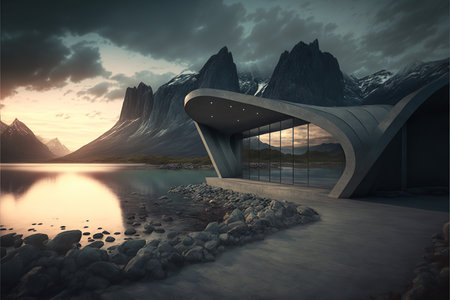 Fantasy landscape with mountain and lake. 3d render illustration.の写真素材