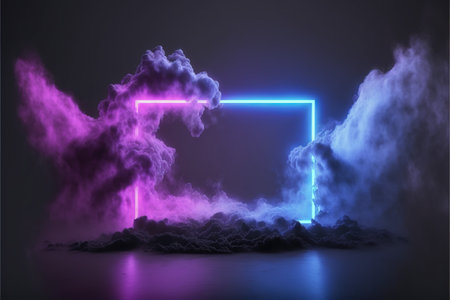 3d render, abstract background with neon lights and smoke, square frameの素材